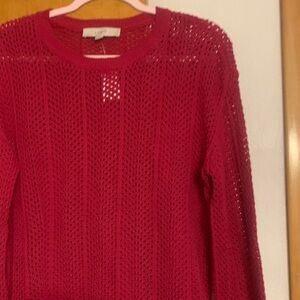 LOFT Raspberry Open-Knit Crewneck Sweater